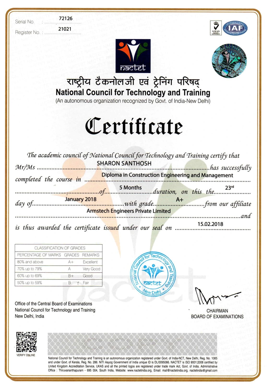 NACTET Sample Certificate