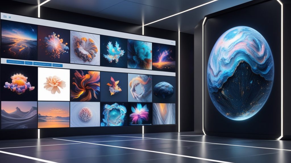 An ultra-modern AI interface generating 4K hyper-realistic digital art on a large futuristic screen. The display shows multiple variations of creative images, symbolizing the power of Seedream 4.0. Sleek, high-tech environment, minimal futuristic style